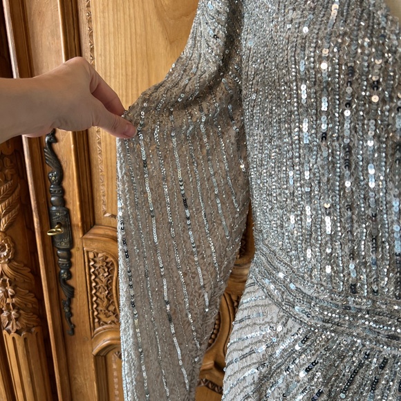 NWT Mac Duggal 93676 [20] Silver Beaded Lace Long Sleeve Midi Dress Cocktail - Picture 5 of 12